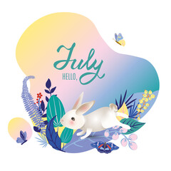 Wall Mural - Monthly calendar page with hand drawn text Hello July and cute character rabbit. Colorful summer card or background with white hear, butterflies, leaves, grass and flowers. Vector illustration.