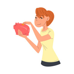 Poster - Young Woman Putting Coin Into Piggy Money Box, Savings and Investing Money Concept Vector Illustration on White Background