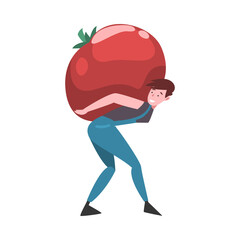 Poster - Young Man Carrying Big Ripe Red Tomato, Male Farmer Character with Natural Organic Vegetable Vector Illustration