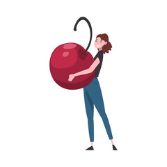 Wall Mural - Girl Carrying Big Ripe Ripe Cherry, Female Farmer Character with Natural Organic Berry Vector Illustration