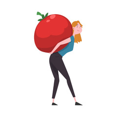 Poster - Girl Carrying Big Ripe Red Tomato, Female Farmer Character with Natural Organic Vegetable Vector Illustration