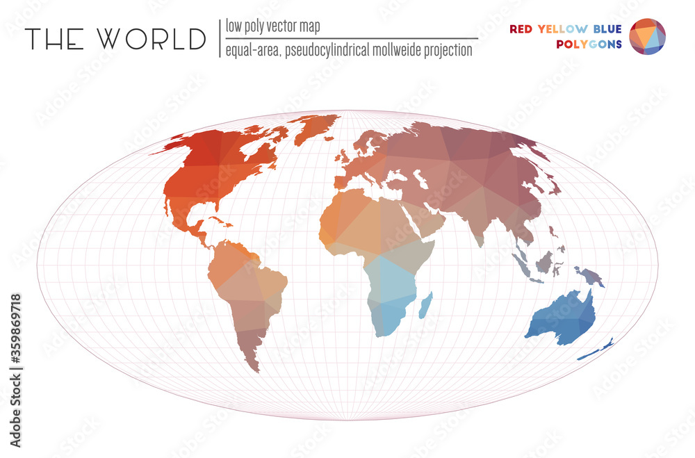 Polygonal world map. Equal-area, pseudocylindrical Mollweide projection ...