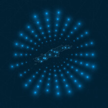 Hydra Digital Map. Glowing Rays Radiating From The Island. Network Connections And Telecommunication Design. Vector Illustration.