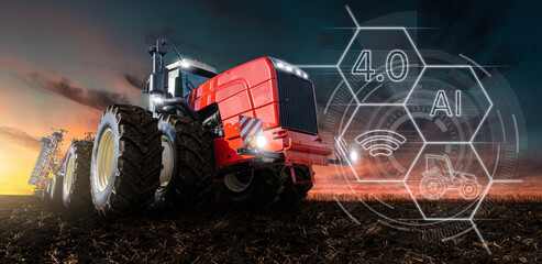Autocollant - Autonomous tractor with artificial intelligence. Digitalization and digital transformation in agriculture 4.0. Smart farming