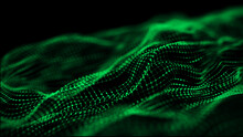 Dynamic Particles Wave. Green Dots On Black Background. Digital Landscape. 3d Rendering. Big Data Visualization 3D. Futuristic Backdrop For Design, Wallpaper.