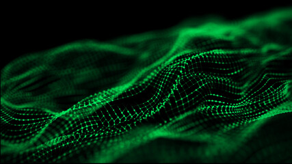 Leinwandbilder - Dynamic particles wave. Green dots on black background. Digital landscape. 3d rendering. Big data visualization 3D. Futuristic backdrop for design, wallpaper.