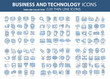 © makyzz - Business and marketing, programming, data management, internet connection, social network, computing, information. Thin line blue icons set. Flat vector illustration