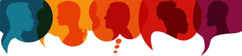 Sticker - Speech bubble.Silhouette heads people in profile.Talking dialogue and inform.Communicate between a group of multiethnic and multicultural people who talk and share ideas.Diversity people