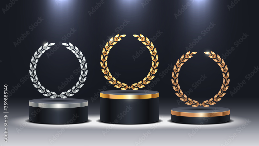 Stage podium with laurel wreath. Golden, silver and bronze stage podium ...