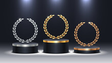 Stage Podium With Laurel Wreath. Golden, Silver And Bronze Stage Podium In Spot Light. Stage Podium For Award Ceremony. Vector Illustration.