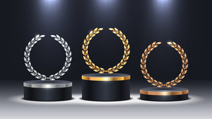 Wall Mural - Stage podium with laurel wreath. Golden, silver and bronze stage podium in spot light. Stage podium for award ceremony. Vector illustration.