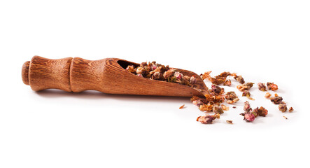 Wall Mural - Dried cherry blossom tea in a wooden scoop isolated on a white background.