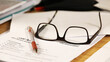 © LincB - a school teachers desk with glasses and exam paper being marked on it. education, educator, teaching concept.
