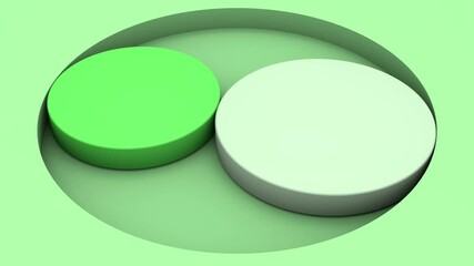 Poster - 3D animation of a green background and matching color disks that rotate and change size. Motion design.
