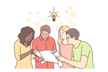 Poster - teamwork, coworking, business, analysis, meeting, discussion concept. team of businessmen women cler