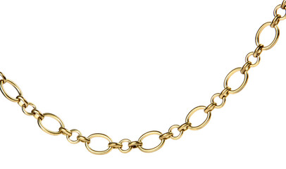 Fragment of a yellow metal chain on a white background. Isolated