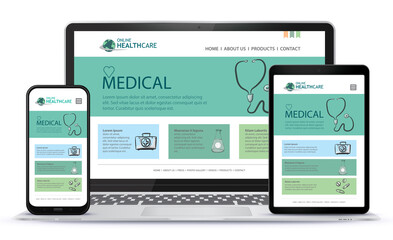 Poster - Healthcare and Medical User Interface Design for Web Site and Mobile App. Laptop, Tablet PC and Mobile Phone Vector Illustration.