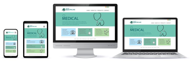 Poster - Healthcare and Medical User Interface Design for Web Site and Mobile App. Laptop, Desktop Computer Monitor, Tablet PC and Mobile Phone Vector Illustration.