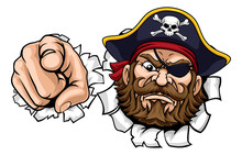 A Pirate Cartoon Character Captain Mascot Face With Skull And Crossed Bones On His Tricorne Hat. Breaking Or Tearing Through The Background And Pointing At The Viewer