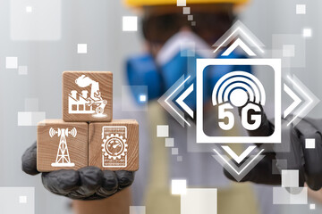 5G Mobile Network Connection Industry Concept. Next Fifth Generation Communication Standard Industry Integration.