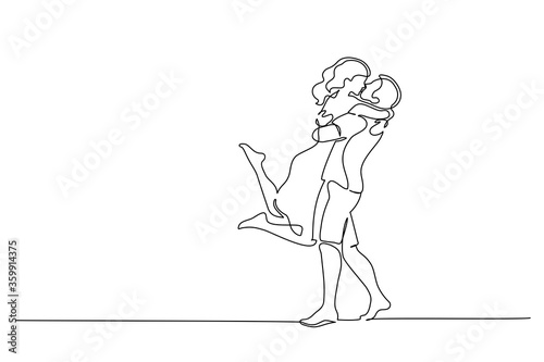 Cuadros en Lienzo Happy couple hugging and kissing. One line drawing