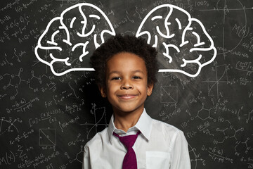 Wall Mural - Clever child. Little school boy student on chalkboard background with big brain and science formulas