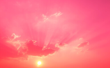 Wall Mural - orange sun light in bright pink sky with soft clouds