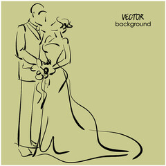 art sketched beautiful young bride and groom with the bride's bouquet. Vector background with space for text.