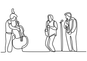 Wall Mural - Continuous line drawing of music jazz. Three people jazz group performing jazz music concert. Vector illustration of people group band including singer, guitarist, and drummer. Minimalism design