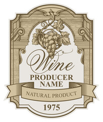 Wine label with a bunch of grapes, a ribbon and inscriptions in a figured frame. Vector ornate hand-drawn label in vintage style