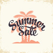 'Summer sale' decorative lettering and palm trees on the old paper background in retro style. Vector sale discount illustration. Suitable for banner, label, badge, poster. Special offer prices