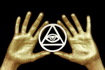 Wall Mural - New age modern magic, occult symbol for ritual. Eye of Providence in golden hands on black background. For posters, banners, wallpapers.