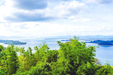 Beautiful scenery views of nature with a large reservoir above the Srinagarind Dam in Si Sawat District, Kanchanaburi Thailand.