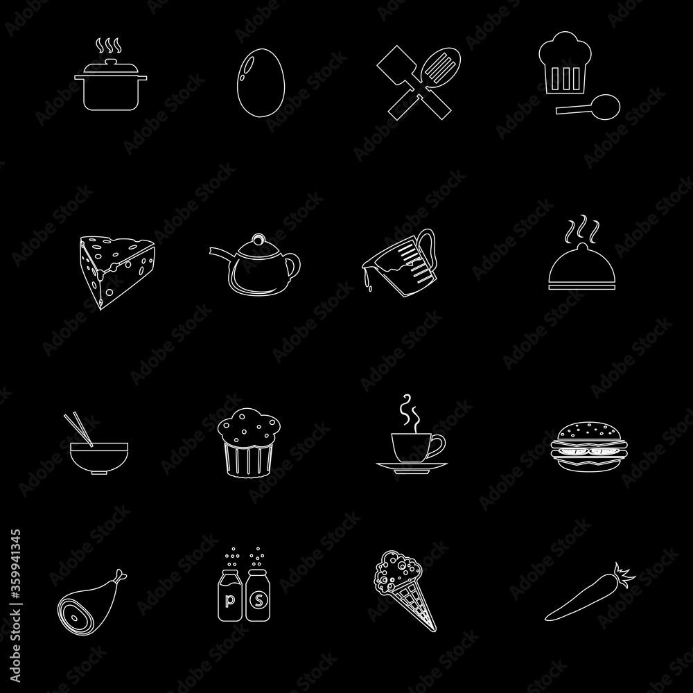Food icons editable line icons vector set on black and white background ...