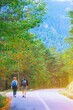 © raisondtre - Rear view of young couple walking on road through woods with backpacks. Man and woman hiking in forest. Active adventure, travel, tourism, hike and people lifestyle concept. Beautiful forest nature.