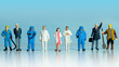 Group of men in different occupation lining up with doctors and nurses supporting them to fight together. Miniature people conceptual photography.
