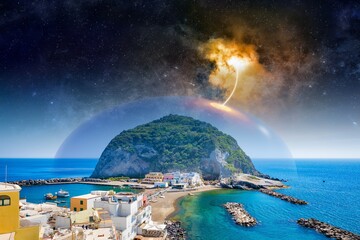 Wall Mural - dramatic fantastic image - transparent energy dome covers green rock, teleportation portal between e