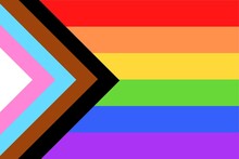 Illustration Of Colorful New Social Justice / Progress Rainbow Pride Flag / Banner Of LGBTQ  (Lesbian, Gay, Bisexual, Transgender & Queer) Organization. June Is Celebrated As The Pride Parade Month