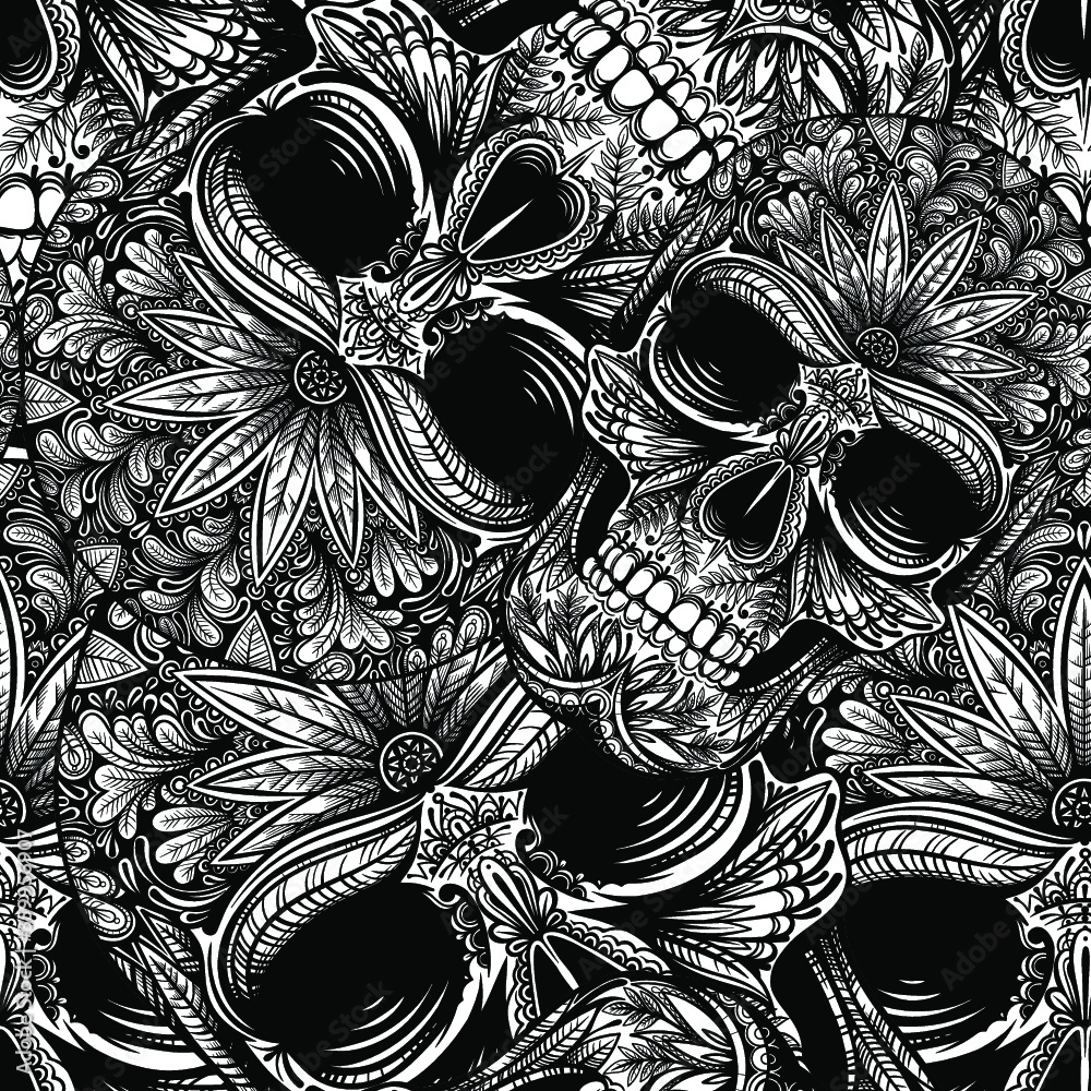 Vector Black and White Sugar Skull Seamless Pattern Stock Vector ...