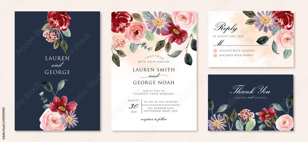 wedding invitation suite with beautiful floral garden watercolor Stock ...