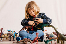 Portrait Of Little Girl Sitting On The Floor Playing With Toy Dinosaurs