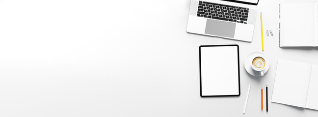 Poster - Top view of wide work table with blank screen tablet and note book with coffee cup and stationery for design banner