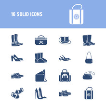 Accessory Icon Set And Cosmetic Bag With Muff Bag, Uggs And Pouch Bag. Storage Related Accessory Icon Vector For Web UI Logo Design.