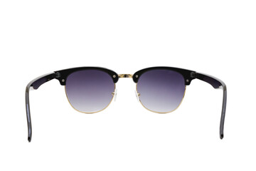 Black thick frames flat top clubmaster sunglasses with round bottom golden frames and clear dark blue lenses isolated on white background. Rear View (pov, FPV).