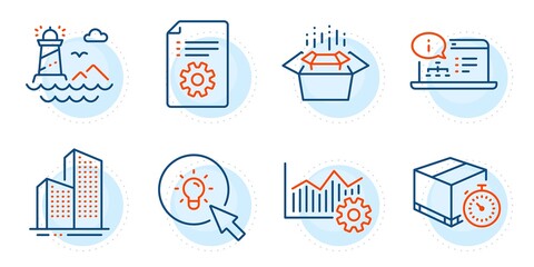 Poster - Technical documentation, Energy and Delivery timer signs. Operational excellence, Online documentation and Lighthouse line icons set. Packing boxes, Skyscraper buildings symbols. Vector