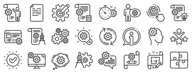 Set of Idea bulb, Dividers tools and Blueprint linear icons. Engineering line icons. Cogwheel, calculate price, mechanical tools. Idea bulb with cog, architect dividers, engineering people. Vector