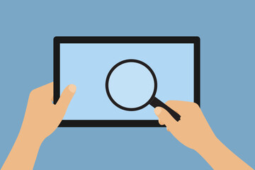 Poster - Flat design illustration of hand holding touch screen tablet and magnifying glass. Isolated on blue background, vector