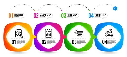 Wall Mural - Analytics chart, Car leasing and Report document line icons set. Timeline steps. Delivery shopping sign. Report analysis, Transport discount, Page with charts. Online buying. Finance set. Vector