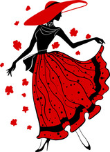 Retro Woman In Hat Red And Black Silhouette With Flowers. Fashion Stylish Illustration