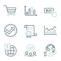 Wall Mural - world money, market sale and buy button line icons set. diploma certificate, save planet, group of p